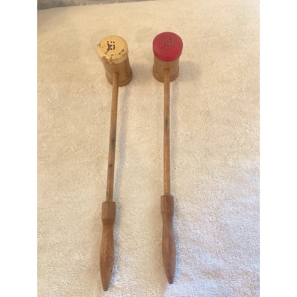 Vintage Long Handle Wooden Mallet Salt and Pepper Shakers Chef Face Set 14 Inch